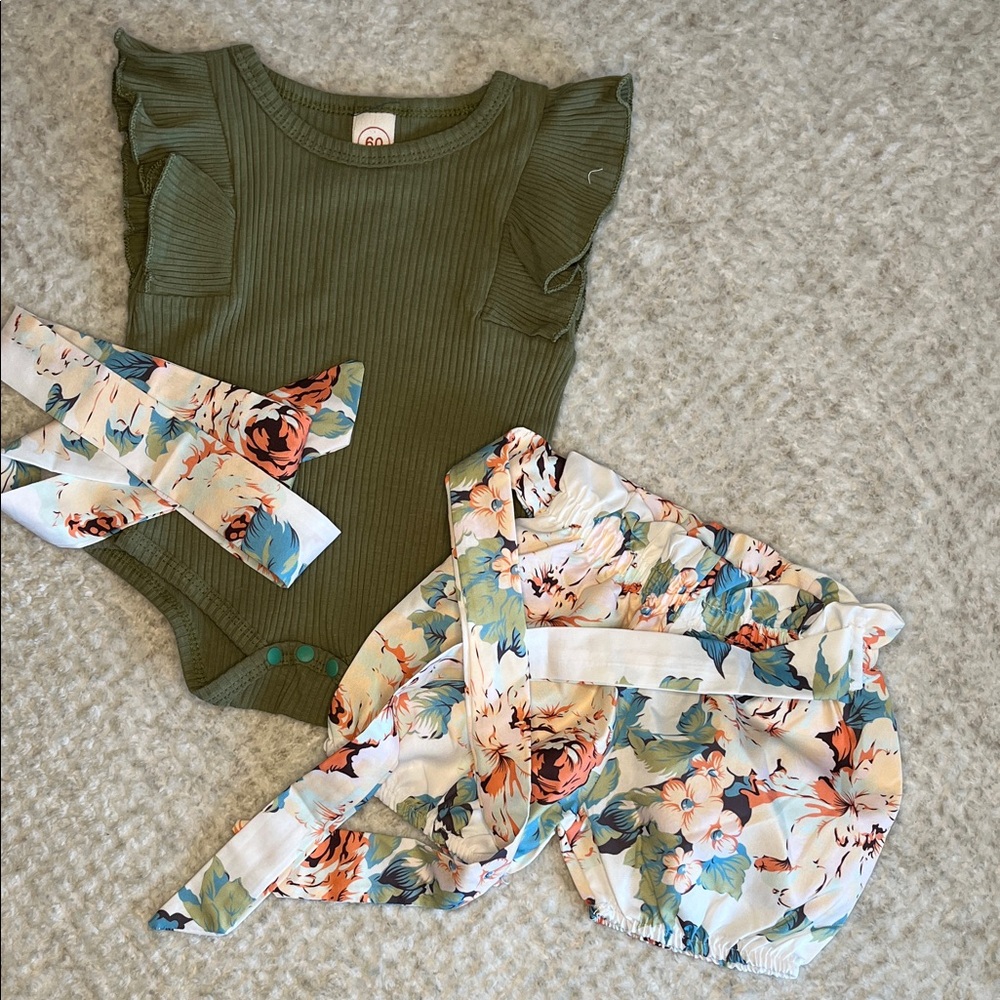 Olive Green Ribbed Ruffle-Sleeve Baby Bodysuit with Floral Shorts Set
